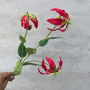 Gloriosa Flame Lily Artificial <b>Flowers</b> 3-Head Sunset Red Silk High Simulation Wedding Home Decor - Product Image 1