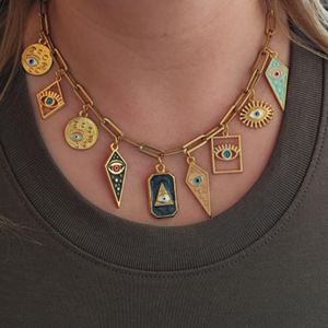 Customized Y2K Gold Plated Stainless Steel <b>Necklace</b> Cuban Chain <b>Charms</b> Colorful Pendant Tassel <b>Necklace</b> Jewelry - Product Image 6