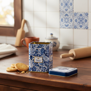 0.5L Recyclable Square Metal <b>Box</b> 75x75x102mm Slip <b>Lid</b> Azulejo-Inspired Blue White <b>Decorative</b> Pattern for Mint Biscuit Tinplate - Product Image 3