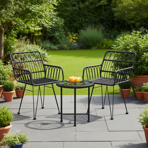 Set da Pranzo da Giardino in Polyrattan Nero e Acciaio, 2 Posti, Arredamento da Esterno Contemporaneo Resistente alle Intemperie - Product Image 2