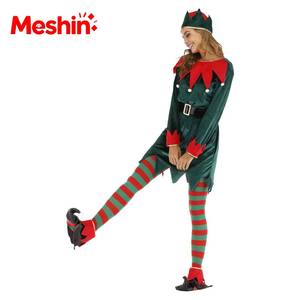 Womens Christmas <b>Elf</b> <b>Costume</b> Green Velvet Outfit With Striped Tights Holiday Party Carnival Role Play Festive <b>for</b> <b>Adult</b> - Product Image 5