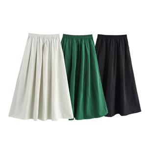 ZAJIA2025 Nuevo Estilo de Verano Falda Midi Plisada de Cintura Alta a la Moda Diseño Casual de Color Liso con Dobladillo Ancho y Cintura Natural 100% - Product Image 1