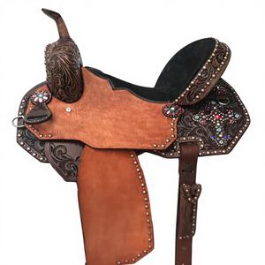 Siège rigide rembourré en cuir naturel brun foncé, avec gravures florales et motifs perlés, de type anglais, très demandé pour l'équitation. - Product Image 1