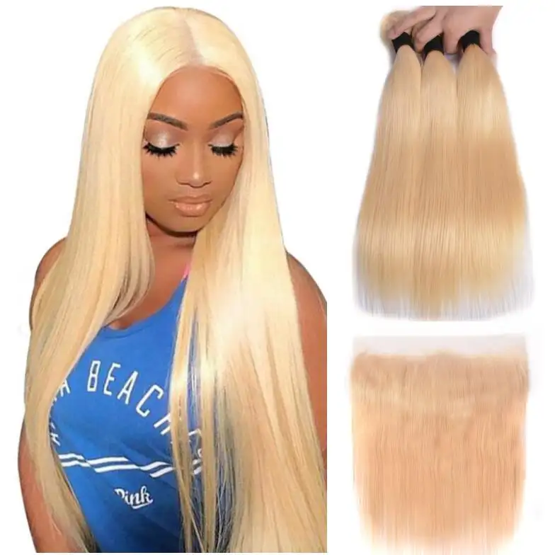 Raw cuticle aligned straight blond 613 human hair,Virgin Hair bundles with lace closure frontal