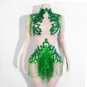 Combinaison pour femme adulte en maille à franges de strass, motif Forêt Enchantée, style Empress Emerald, pour spectacle de scène, carnaval, diva, drag queen - Product Image 1