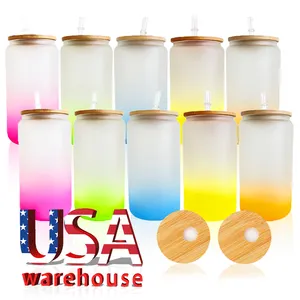 Usa magazzino 16Oz 17Oz gradiente sublimazione colori misti vetro smerigliato minimalisti bottiglie di acqua con coperchio di bambù e paglia