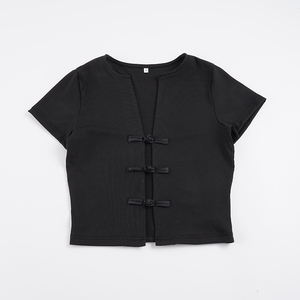 Camiseta corta de estilo chino para mujer, camiseta de manga corta lisa con botones de rana, camiseta informal de moda de verano - Product Image 6