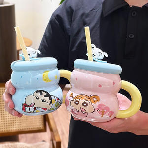 Mug en céramique Crayon Shin Chan avec couvercle et paille, design bleu dessin animé, pour café ou eau, tasse individuelle, cadeau - Product Image 5