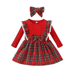 2023 neueste mode baby kleidung herbst winter lange Ärmel baby strampler set bestseller mädchen kariert kleid set für weihnachten