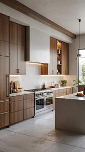 Meubles de cuisine vintage personnalisés VERMONHOUZZ en bois rouge-brun avec îlot incurvé et crédence en carreaux de verre ambré pour <span class=keywords><strong>location</strong></span> - Product Image 2