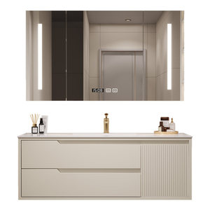 Modern Cream White Floating Bathroom Vanity Solid Wood Cabinet with Smart LED <b>Mirror</b> Integrated Sink - Product Image 5