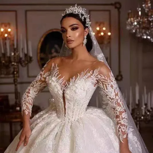 2023 vestidos de novia cortos boda dân sự sang trọng dài tay áo ren váy cưới cao-eo bóng Gown 2 trong 1 Wedding Dress