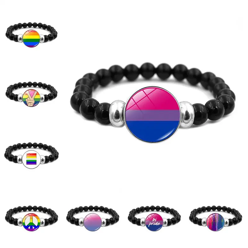 SC 2022 Hot Sale Handmade Beaded Rainbow Bracelet Trendy Geometric Round Printing Black Resin Bead Elastic Bracelet Pour Femme