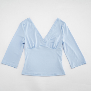 Viviblook C26TP140 T-shirt décontracté pour femme, couleur unie, col en V, crop top pour femmes - Product Image 6