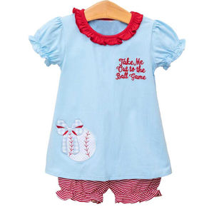 GSSO3244 Ensemble de yoga pour enfants, vêtements de sport pour petites filles, imprimé rayé bleu, manches courtes, vente en gros - Product Image 5