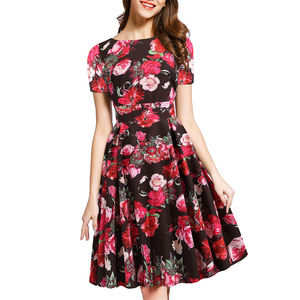 Robe d'été rétro style Hepburn pour <span class=keywords><strong>femme</strong></span>, à manches courtes, imprimé floral, longueur genou, avec appliques décoratives, grande jupe évasée - Product Image 5