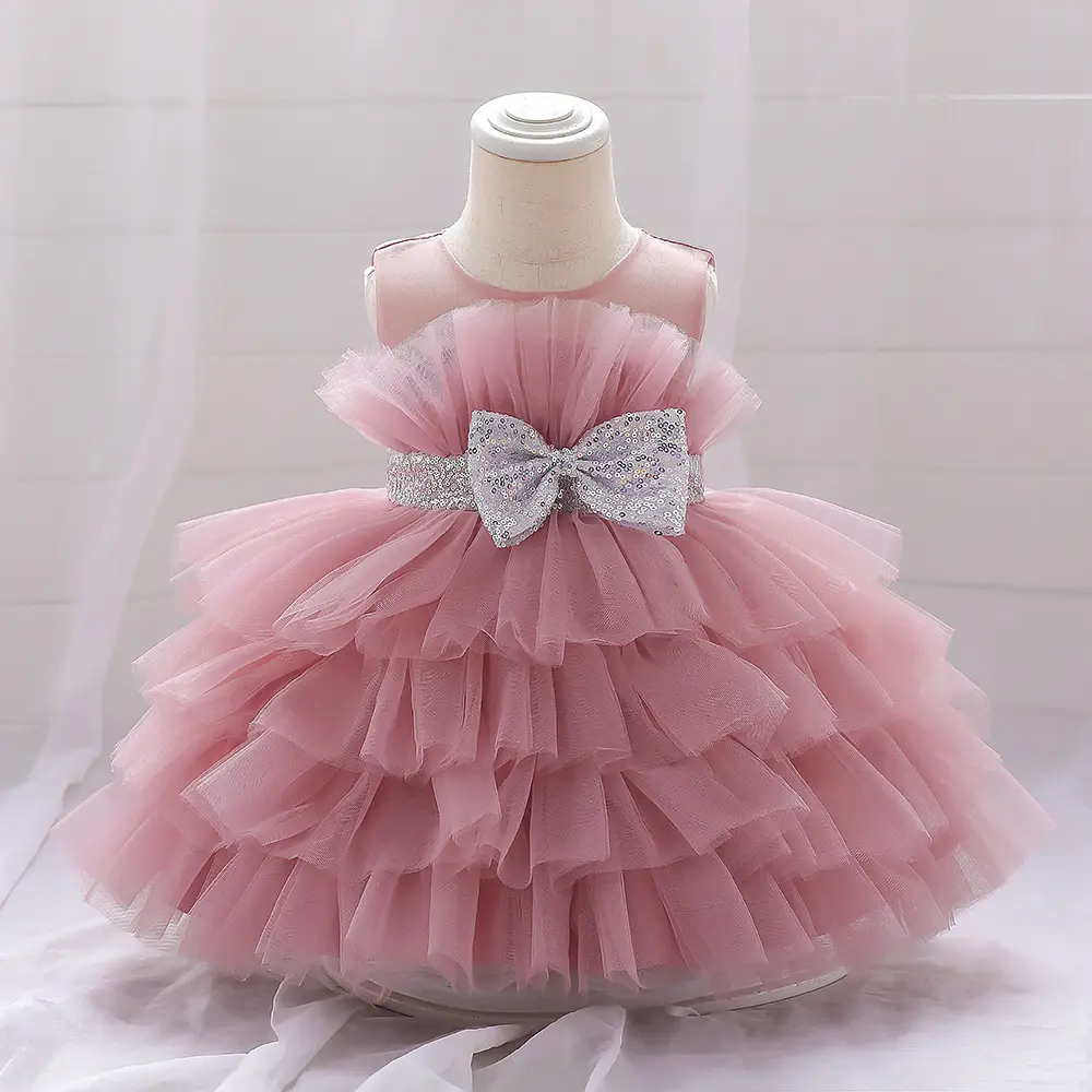 Nuevos vestidos de boda de malla de lentejuelas con lazo para niños, falda de fiesta para niñas