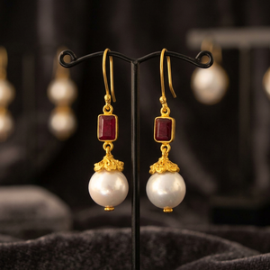 Adorable Pretty Pearl Ruby Gemstone Gold Plated 925 Silver Unique Design Casual Dangle Drop <b>Earrings</b> Women's Gift - Product Image 3