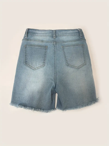 Dropshipping Short en jean déchiré tendance pour femme-Bleu délavé vintage, ourlet brut, coupe ultra-confortable-Décontracté tendance - Product Image 5