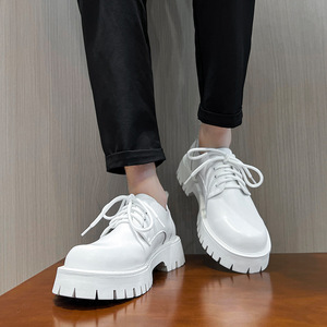 Chaussures en cuir blanc pour hommes, chaussures à semelles épaisses avec talons surélevés, style rétro, grande taille pour hommes, chaussures formelles à bout rond - Product Image 5