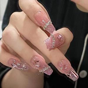 Qianya Ballet Press on Nails 24 piezas-Sparkling Diamond Glitter Nail Art Set Sweet Cool Girl <span class=keywords><strong>Uñas</strong></span> postizas de lujo <span class=keywords><strong>con</strong></span> pegamento - Product Image 1