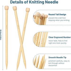 Indskill 18 Pairs Bamboo Knitting Needles <b>Set</b> - 10 Inches Wooden Knitting Needles Single Point with Roll Bag - Portable - Product Image 3