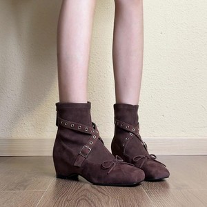 Genuine Leather Retro Cross Strap Ankle Boots, Women Square Toe Bow Heel Zip Elevator Slim Short Boots - Product Image 4