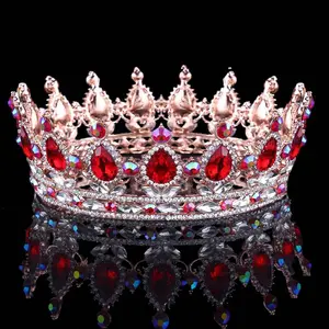 光荣的模拟红色红宝石水晶选美全圈皇冠新娘金头饰