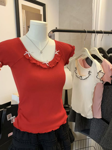 Top de estilo francés con volantes, bloques de color, cuello redondo, sujetador acolchado incorporado, top de verano para chica, con lazo, manga corta, hombros regulares - Product Image 6