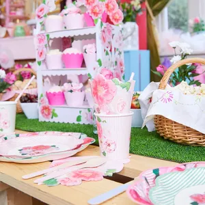 Nicro Girl Geburtstag Tisch dekoration Kinder Tea Party Blumen thema Baby party Englisch Rose Einweg Wellpappe Pappbecher Kit