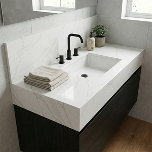 Dalle de pierre de quartz artificielle effet Calacatta Laza poli brillant pour comptoir de réception d'hôtel et dessus de meuble-lavabo de salle de bain - Product Image 2