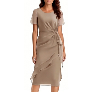 Vestido Midi de Gasa con Volantes para Mujer, Manga Corta, Vestido Formal para Invitadas de Boda y Eventos Nocturnos, Vestidos de Moda - Product Image 2