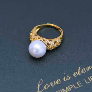 Bague en argent S925 pour femme, perle d'eau douce, 11-12 mm, ronde, blanche, forte brillance, perle délicate, ouverture réglable, design creux - Product Image 5