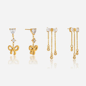 Bijoux fantaisie en acier inoxydable plaqué or, étanches, avec zircon blanc, longues boucles d'oreilles à pampilles, boucles d'oreilles à nœud pour cadeau - Product Image 1