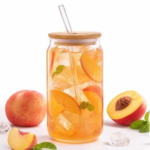 Vaso de vidrio de borosilicato OEM al por mayor con tapa de bambú y pajita, vaso personalizado con forma de lata de refresco para <span class=keywords><strong>caf</strong></span>é helado, zumo y bebidas - Product Image 5