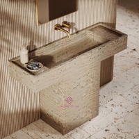 Vasque sur piétement en travertin italien haut de gamme |   Évier de salle de bain en pierre de luxe |   Design de piédestal minimaliste moderne