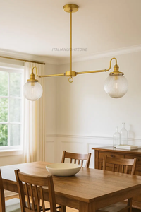 Lustre en laiton avec abat-jour en verre côtelé, suspension linéaire à 2 lumières, luminaire de plafond italien de style mid-century pour cuisine et salle à manger - Product Image 2