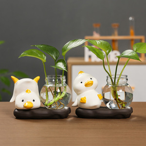Porte-plantes en céramique en forme de canard mignon, vase hydroponique rond en verre, ornement décoratif pour salon, bureau - Product Image 2