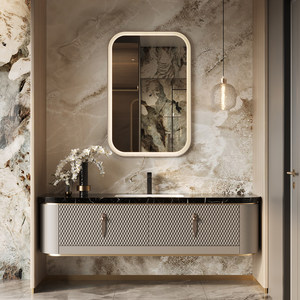 Customized modern luxury rock panel ceramic seamless basin intelligent <b>mirror</b> cabinet bathroom cabinet - Product Image 1