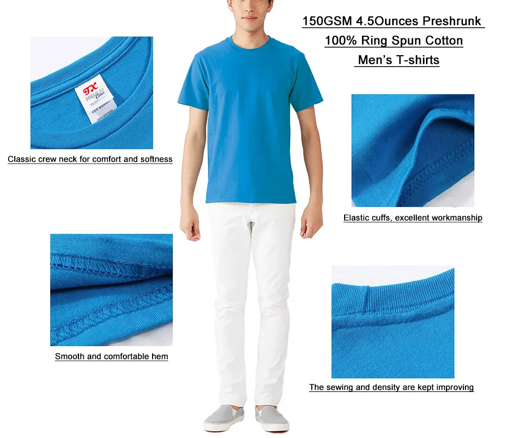 150 GSM 4.5 Ons Kaus Katun Putar Pria, Kaus Katun Cincin 100% Preshrunk 30S 100% dengan Logo Kustom Pria