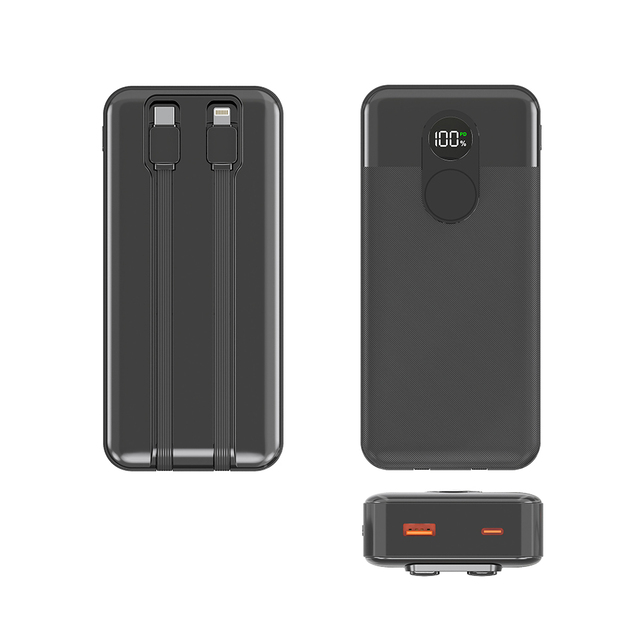 CE/FCC/RoHS Certified Electronic Consumer Gadget 20000mAh Power Bank 20W Type-C Fast Charging Two Cables LCD Tech Li-Polymer