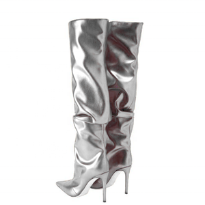 Gold Pleated Upper on Shoes <b>High</b> Thin Heels Pointed Toe Slouchy Long Boots Women's <b>Knee</b> <b>High</b> Booties - Product Image 5