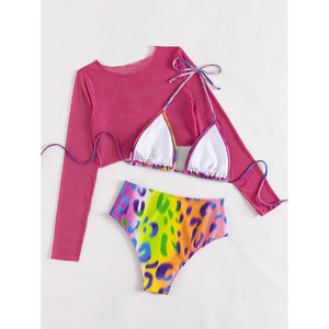 Costume da bagno a triangolo a vita alta leopardato 3 pezzi - Product Image 4