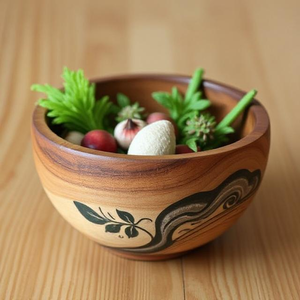 Bol de service en bois moderne imprimé à la main réversible pour restaurants de cuisine à domicile-cadeau d'affaires pour salades collations aux noix - Product Image 2