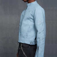 Streetwear personnalisé veste de course broderie Patch haute texture culture veste de moto en polyuréthane bleu Boxy veste en cuir avec fermeture éclair pour hommes