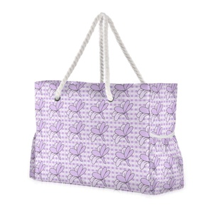 Large Capacity Purple Palaka Zipper Nylon Hawaii Flower Printed Portable Outdoor Shoulder Zipper Beach Tote Bag With Rope Handle - Product Image 1