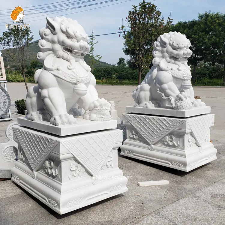Hand Carved White Marble Garden Fu Dog Stone Guardian Lion Statue Foo Dogs Sculpture