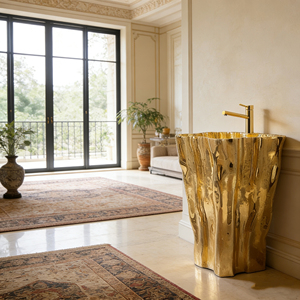 Lavabo su Colonna Artistico di Alta Gamma con Texture Tronco d'Albero Dorato, Costruzione in Fibra di Vetro per Bagni di Lusso - Product Image 3