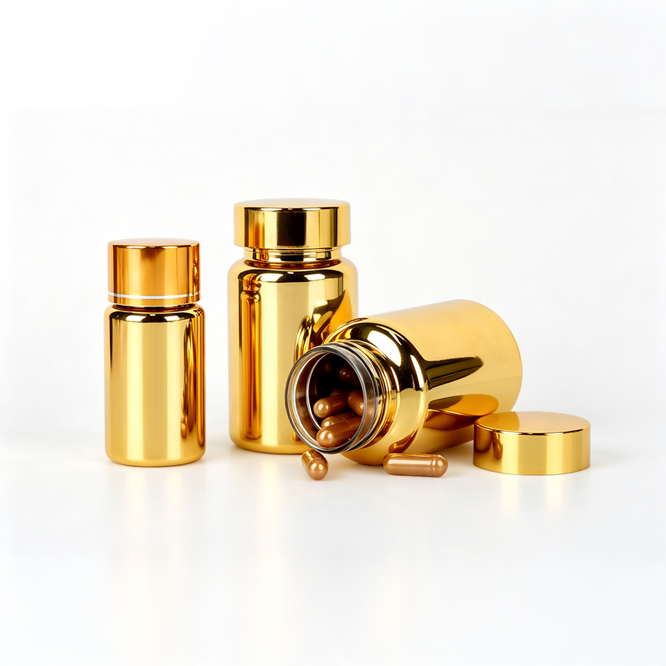 Electroplated Gold PET Capsule Bottle With Golden Screw Cap Empty Jar ...