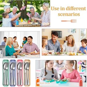Ensemble de couverts de camping en acier inoxydable, design classique écologique, cuillère et fourchette avec boîte en paille de blé pour la rentrée scolaire - Product Image 6